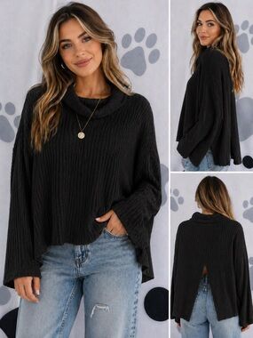Free People Black Oversized Cowl Neck Juicy Thermal NWT